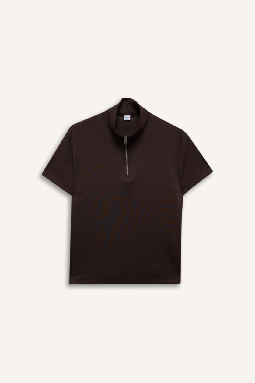 Kadın Kahve Standart Fıt Dik Yaka Sporcu Modal Kısa Kollu Tişört