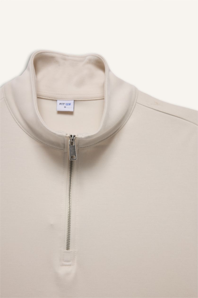 Kadın Ekru Standart Fıt Dik Yaka Sporcu Modal Kısa Kollu Tişört