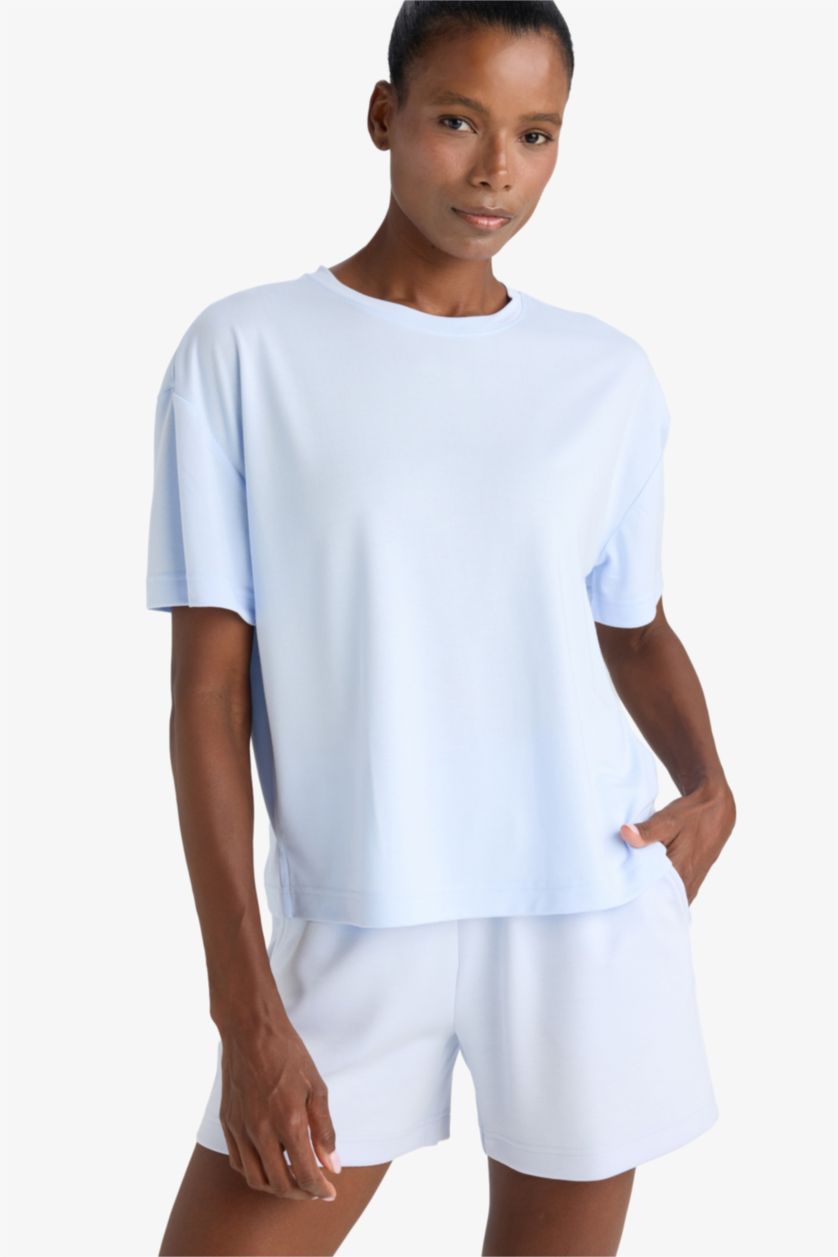 Woman Light Blue DeFactoFit Oversize Fit Crew Neck Sports Modal T-Shirt