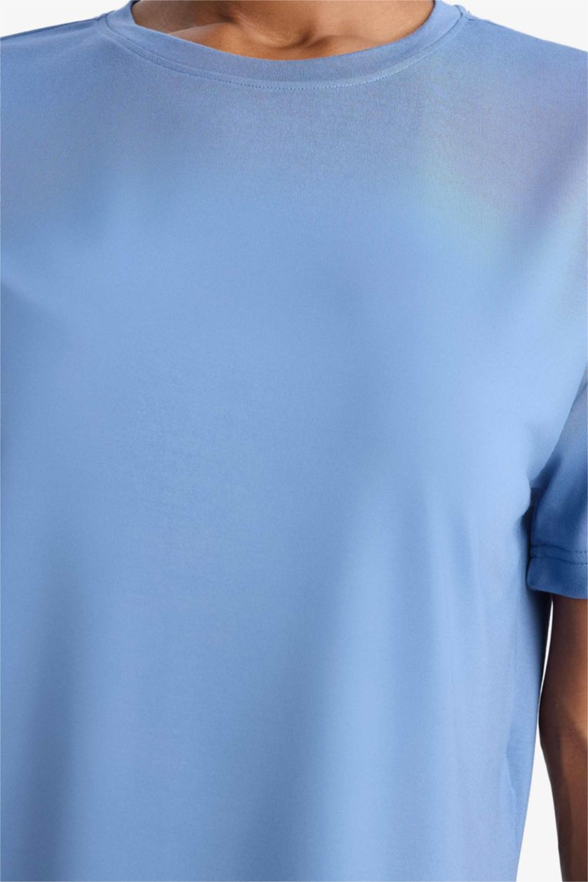 Kadın Açık İndigo Oversize Geniş Kalıp Bisiklet Yaka Modal Kısa Kollu Tişört