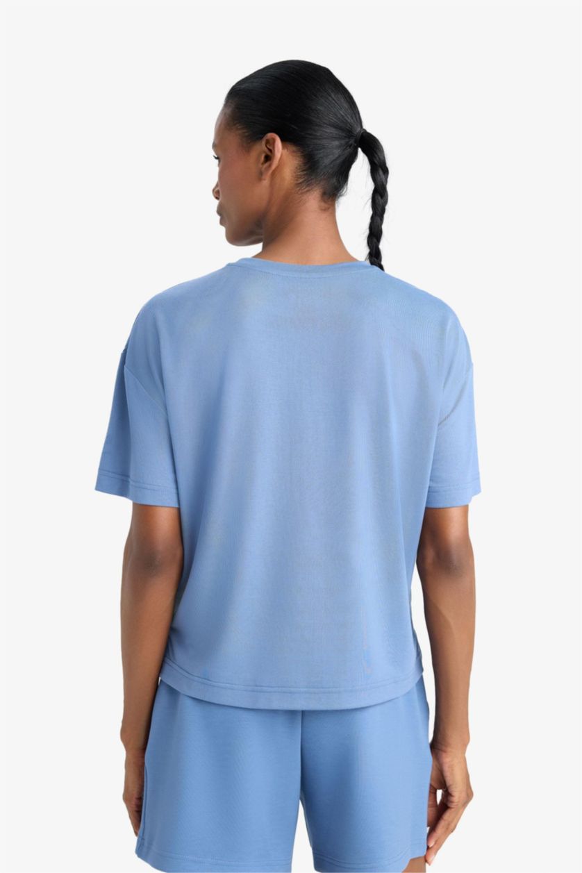 Kadın Açık İndigo Oversize Geniş Kalıp Bisiklet Yaka Modal Kısa Kollu Tişört