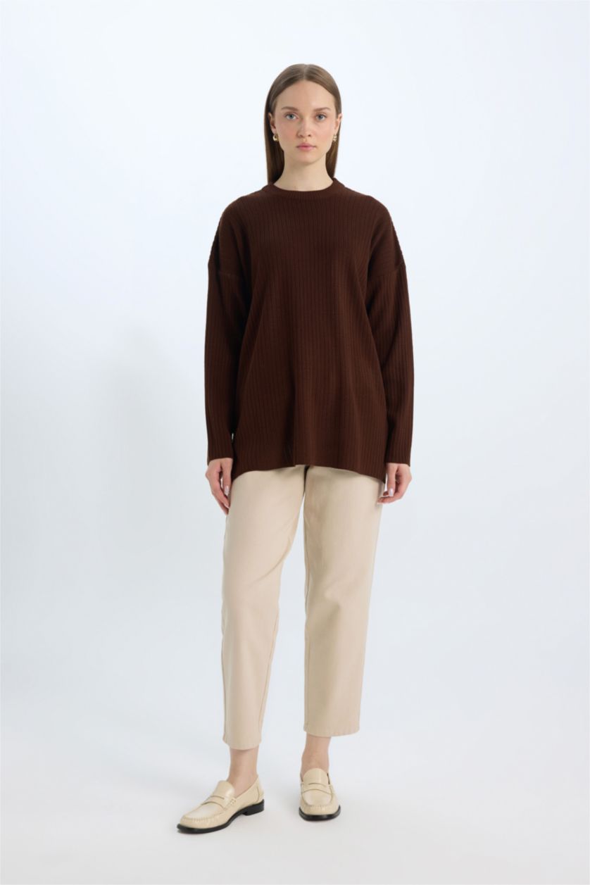 WOMAN Brown Relax Fit Crew Neck Basic Knit Tunic Pullover