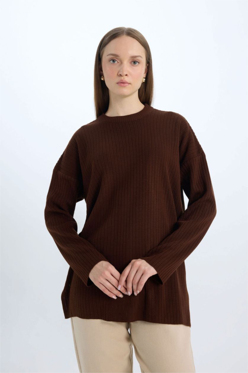 WOMAN Brown Relax Fit Crew Neck Basic Knit Tunic Pullover