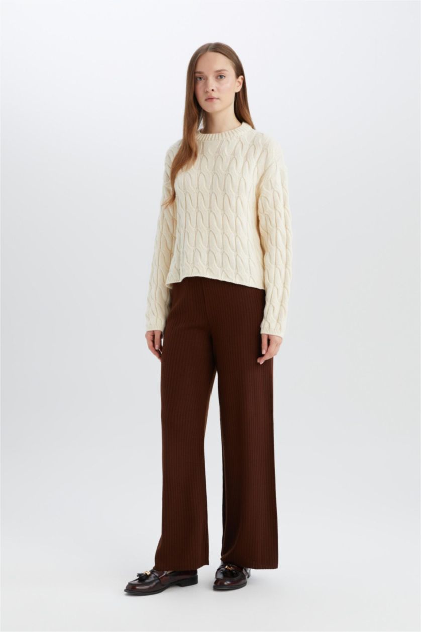 WOMAN Brown Relax Fit Knit Basic Flexible Waist Wide Leg Pants