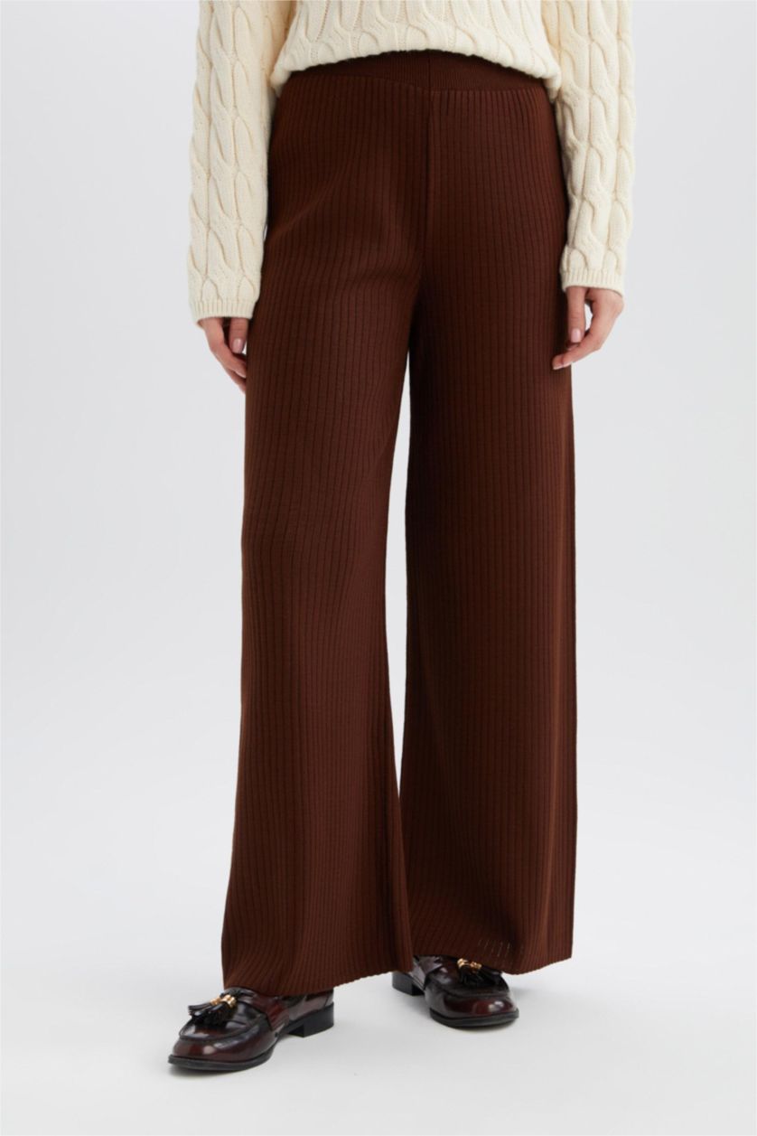 WOMAN Brown Relax Fit Knit Basic Flexible Waist Wide Leg Pants