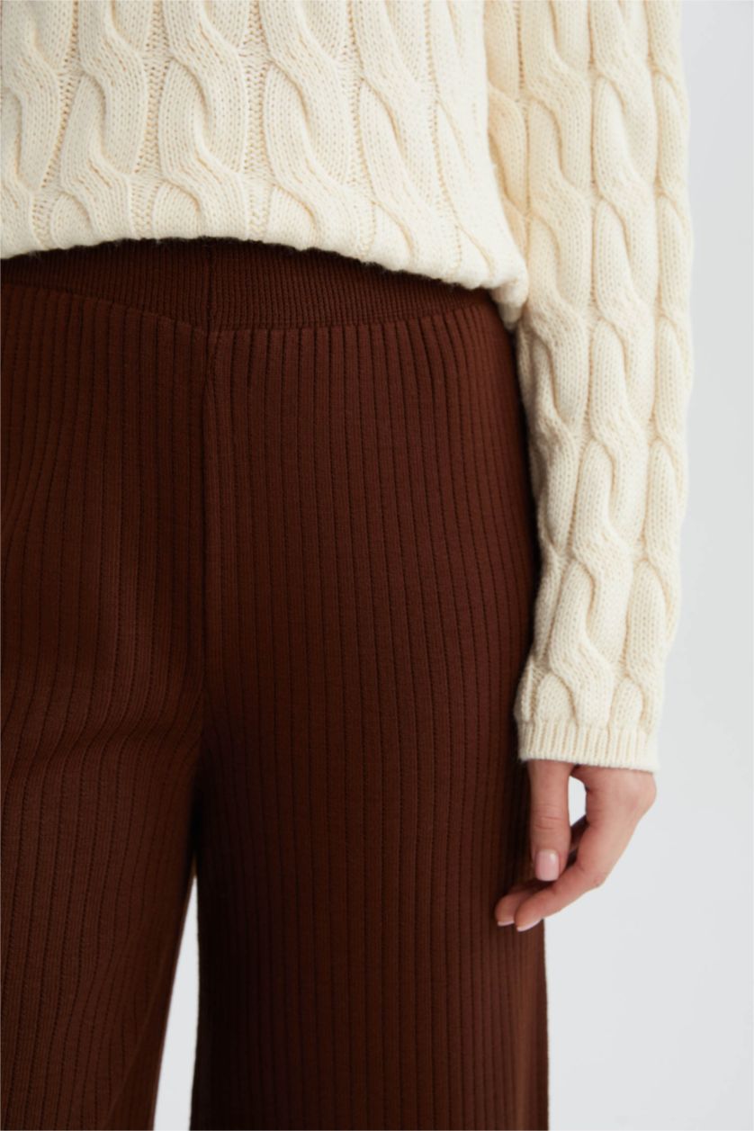 WOMAN Brown Relax Fit Knit Basic Flexible Waist Wide Leg Pants