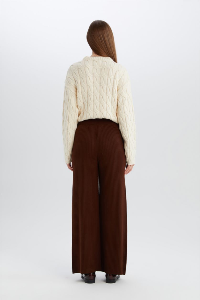 WOMAN Brown Relax Fit Knit Basic Flexible Waist Wide Leg Pants