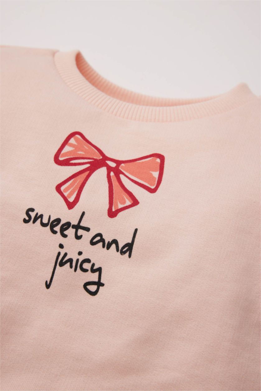 Kız Bebek Pembe Bisiklet Yaka Baskılı İçi Yumuşak Tüylü Sweatshirt Kız Bebek