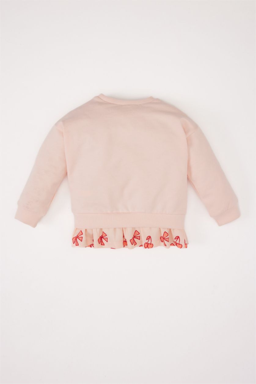 Kız Bebek Pembe Bisiklet Yaka Baskılı İçi Yumuşak Tüylü Sweatshirt Kız Bebek