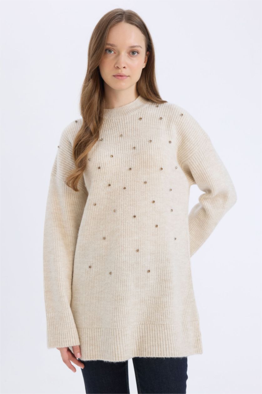 FEMME Écru Pull tunique tricot à col rond avec pierres Coupe relax