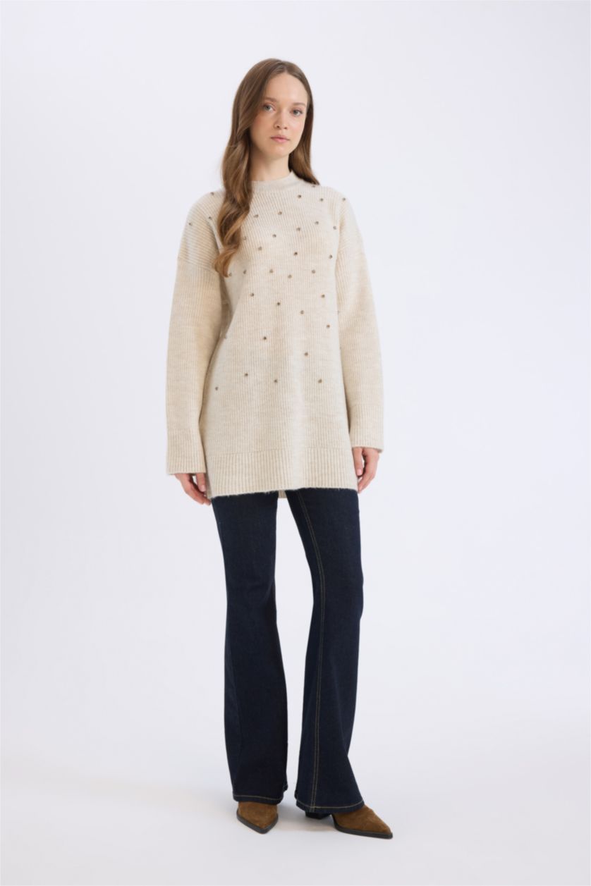 FEMME Écru Pull tunique tricot à col rond avec pierres Coupe relax