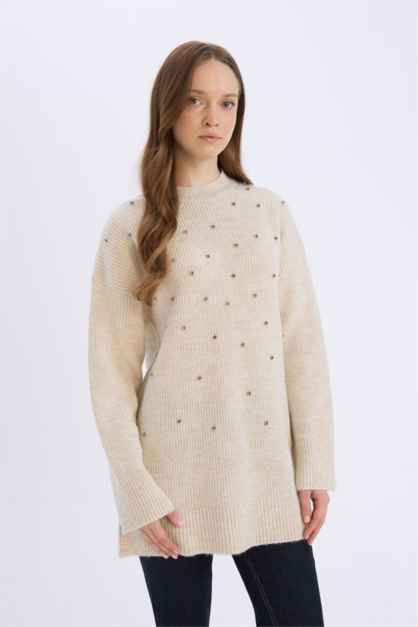 FEMME Écru Pull tunique tricot à col rond avec pierres Coupe relax