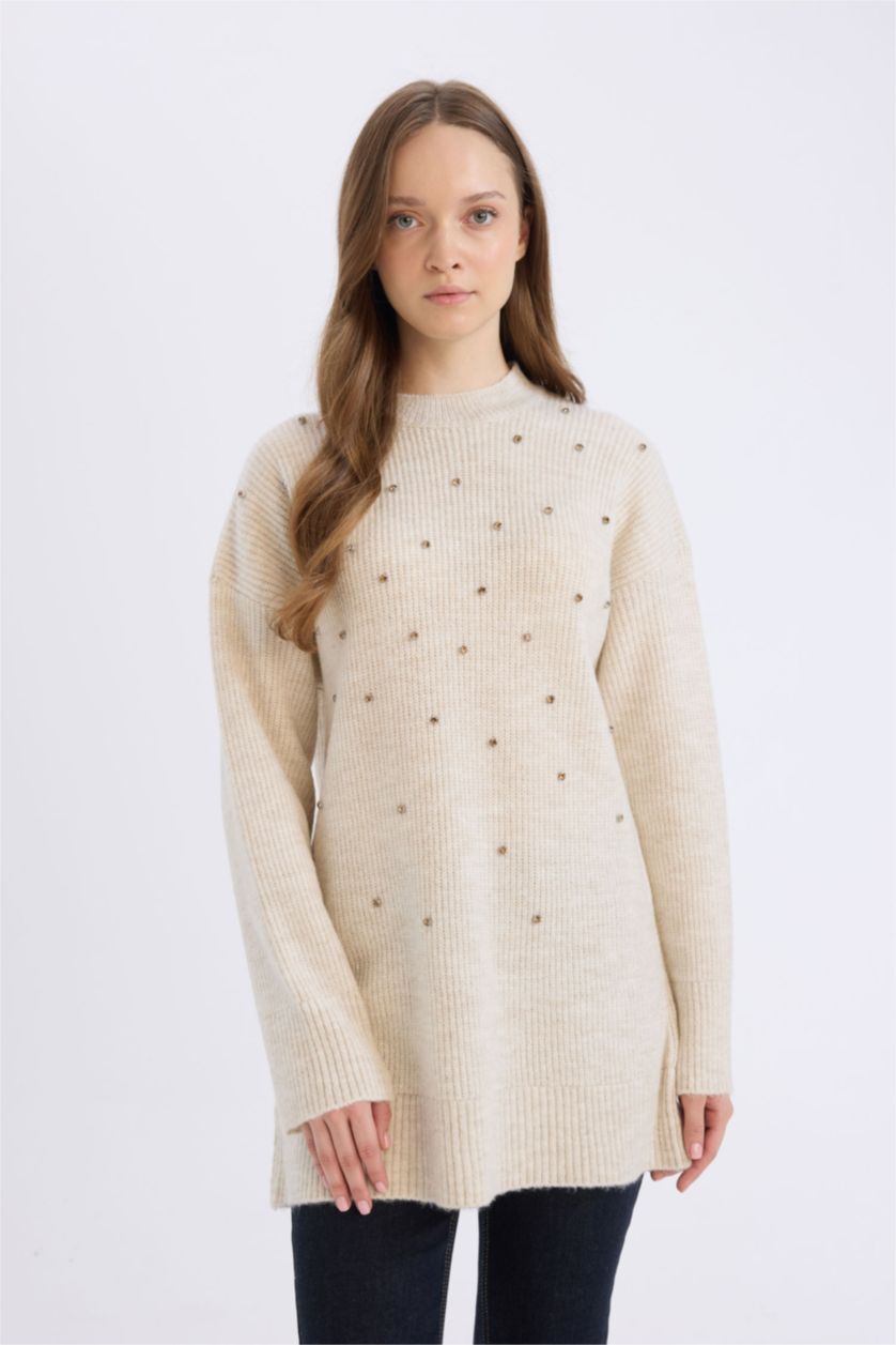 FEMME Écru Pull tunique tricot à col rond avec pierres Coupe relax