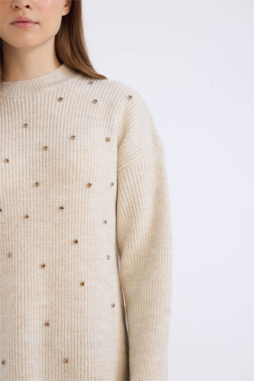 FEMME Écru Pull tunique tricot à col rond avec pierres Coupe relax