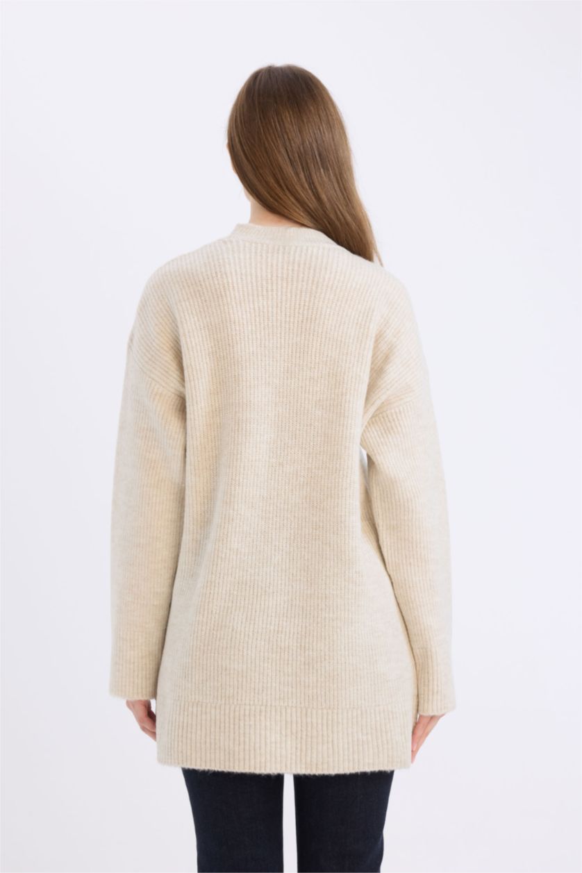 FEMME Écru Pull tunique tricot à col rond avec pierres Coupe relax