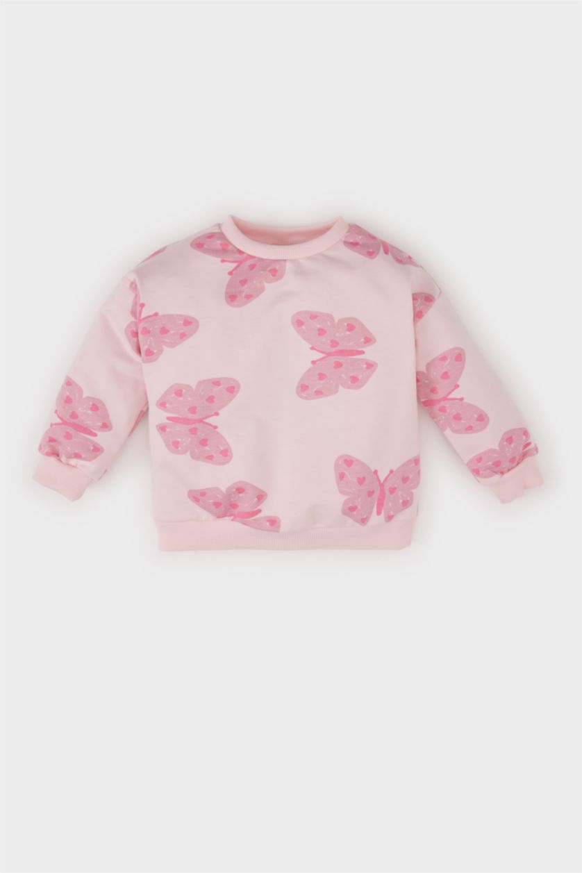 Kız Bebek Açık Pembe Kız Bebek Bisiklet Yaka Kelebek Desenli İçi Yumuşak Tüylü Sweatshirt
