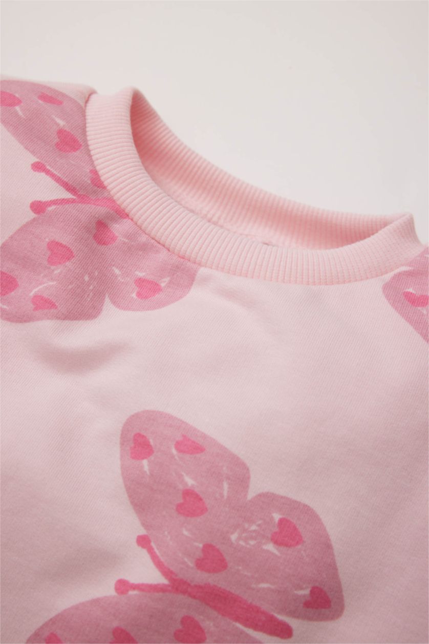 Kız Bebek Açık Pembe Kız Bebek Bisiklet Yaka Kelebek Desenli İçi Yumuşak Tüylü Sweatshirt