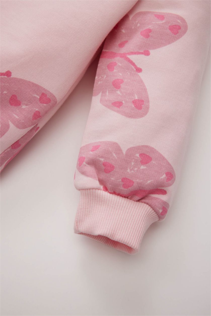 Kız Bebek Açık Pembe Kız Bebek Bisiklet Yaka Kelebek Desenli İçi Yumuşak Tüylü Sweatshirt