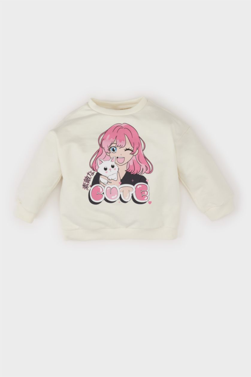 Kız Bebek Ekru Bisiklet Yaka Baskılı Sweatshirt Kız Bebek