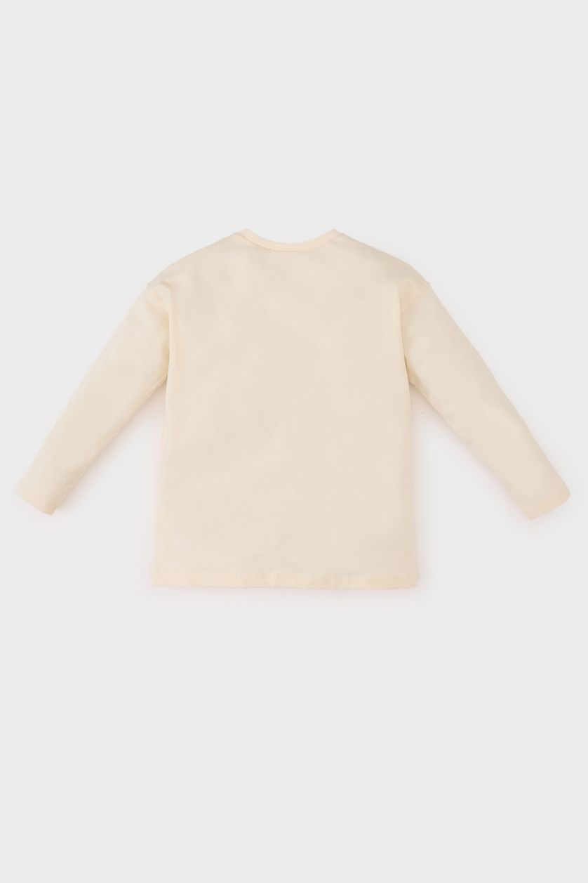 طفلة صغيرة بيج فاتح تيشيرت بنات كم طويل بطبعة زهور قصة عادية برقبة مستديرة