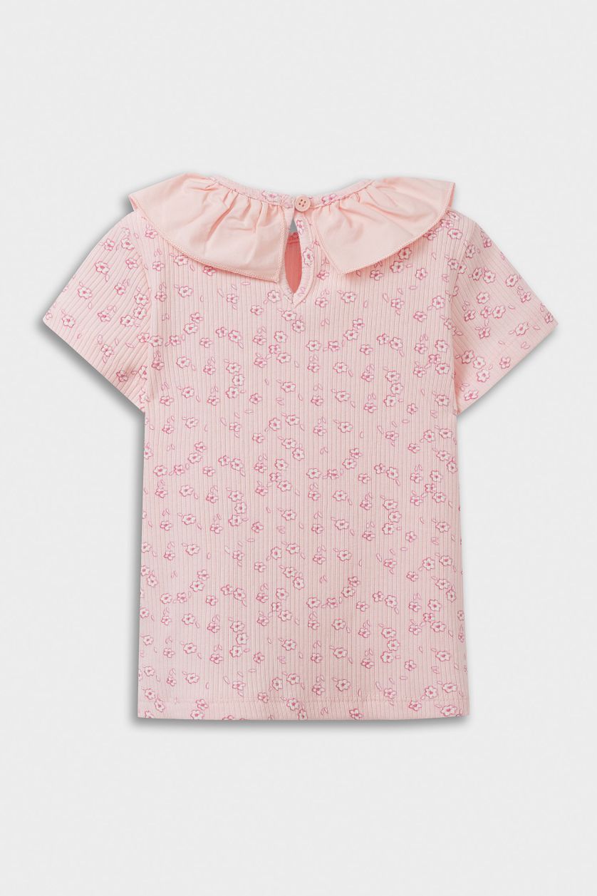 Kız Bebek Pembe Çiçekli Fitilli Kaşkorse Kısa Kollu Tişört Kız Bebek