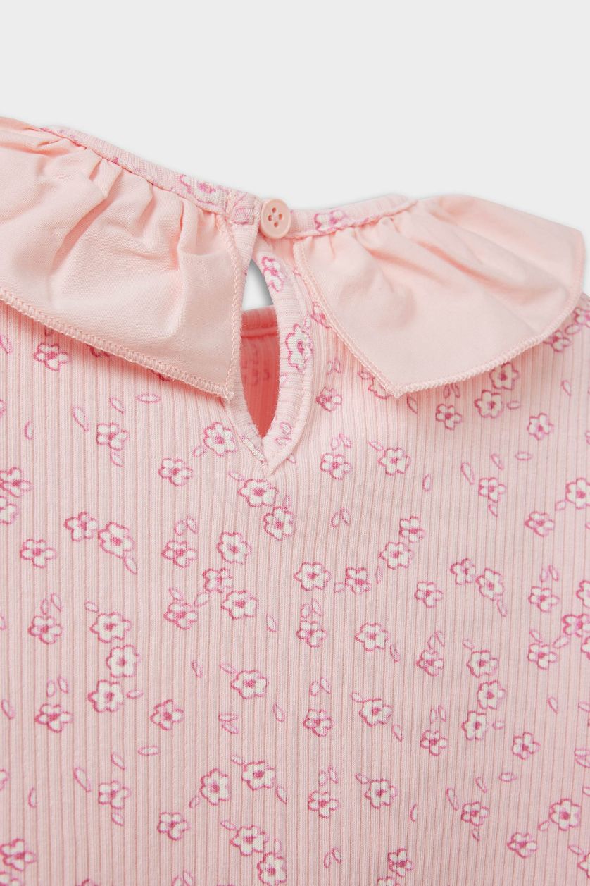 Kız Bebek Pembe Çiçekli Fitilli Kaşkorse Kısa Kollu Tişört Kız Bebek