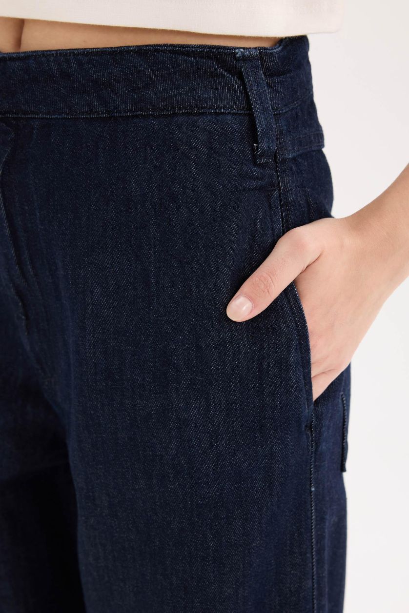 Kadın Koyu Mavi Wıde Leg Yüksek Bel Uzun Jean Pantolon