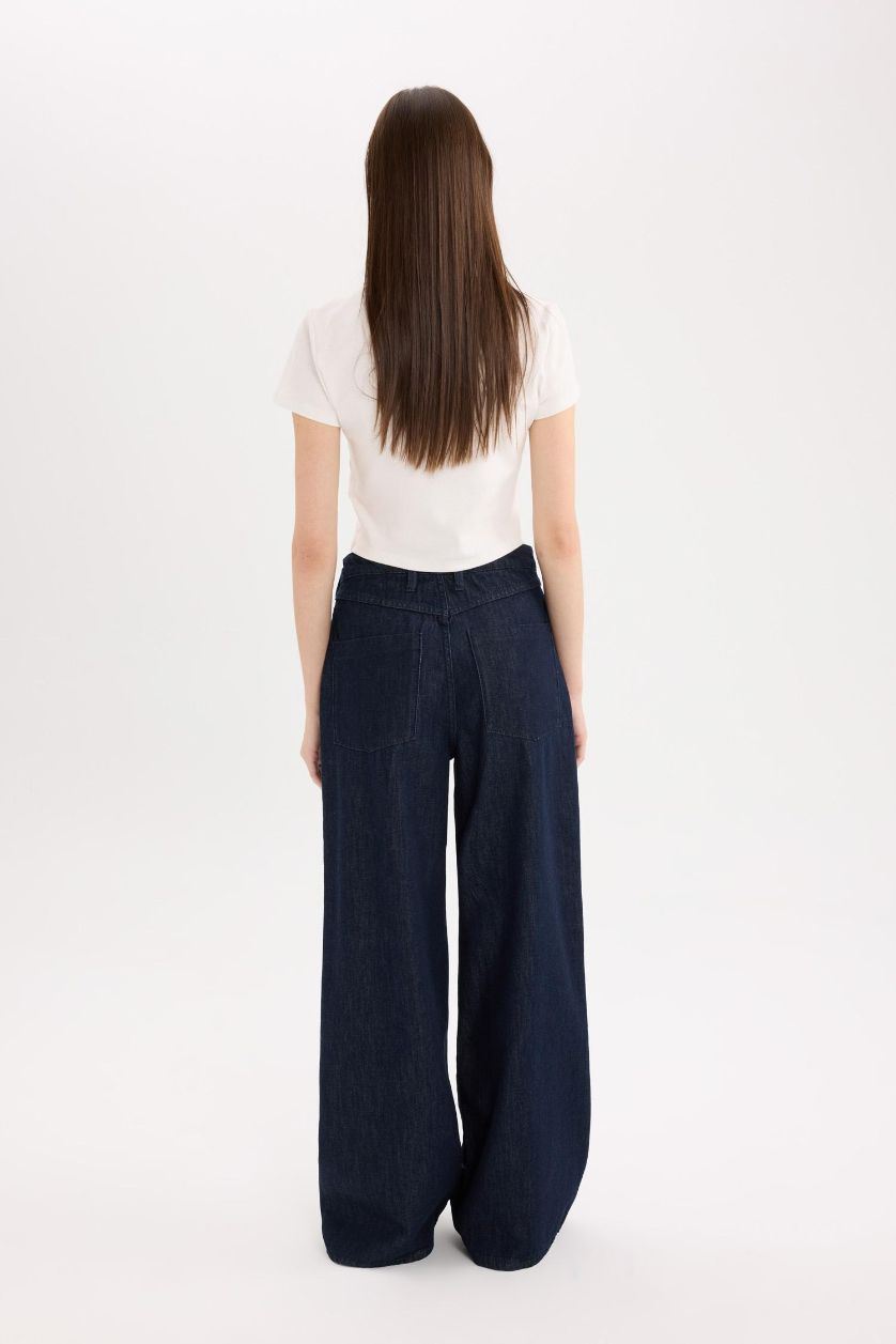 Kadın Koyu Mavi Wıde Leg Yüksek Bel Uzun Jean Pantolon