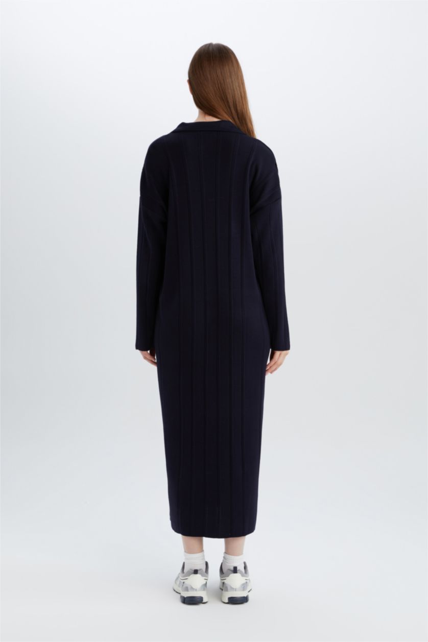 Woman NAVY Relax Fit Basic Plain Polo Neck Maxi Dress