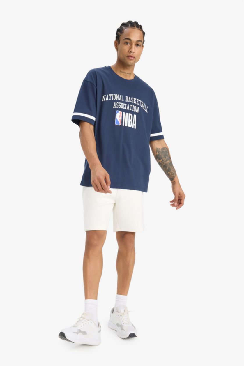 Erkek Lacivert %100 Pamuk NBA Wordmark Oversize Geniş Kalıp Bisiklet Yaka Kısa Kollu Tişört