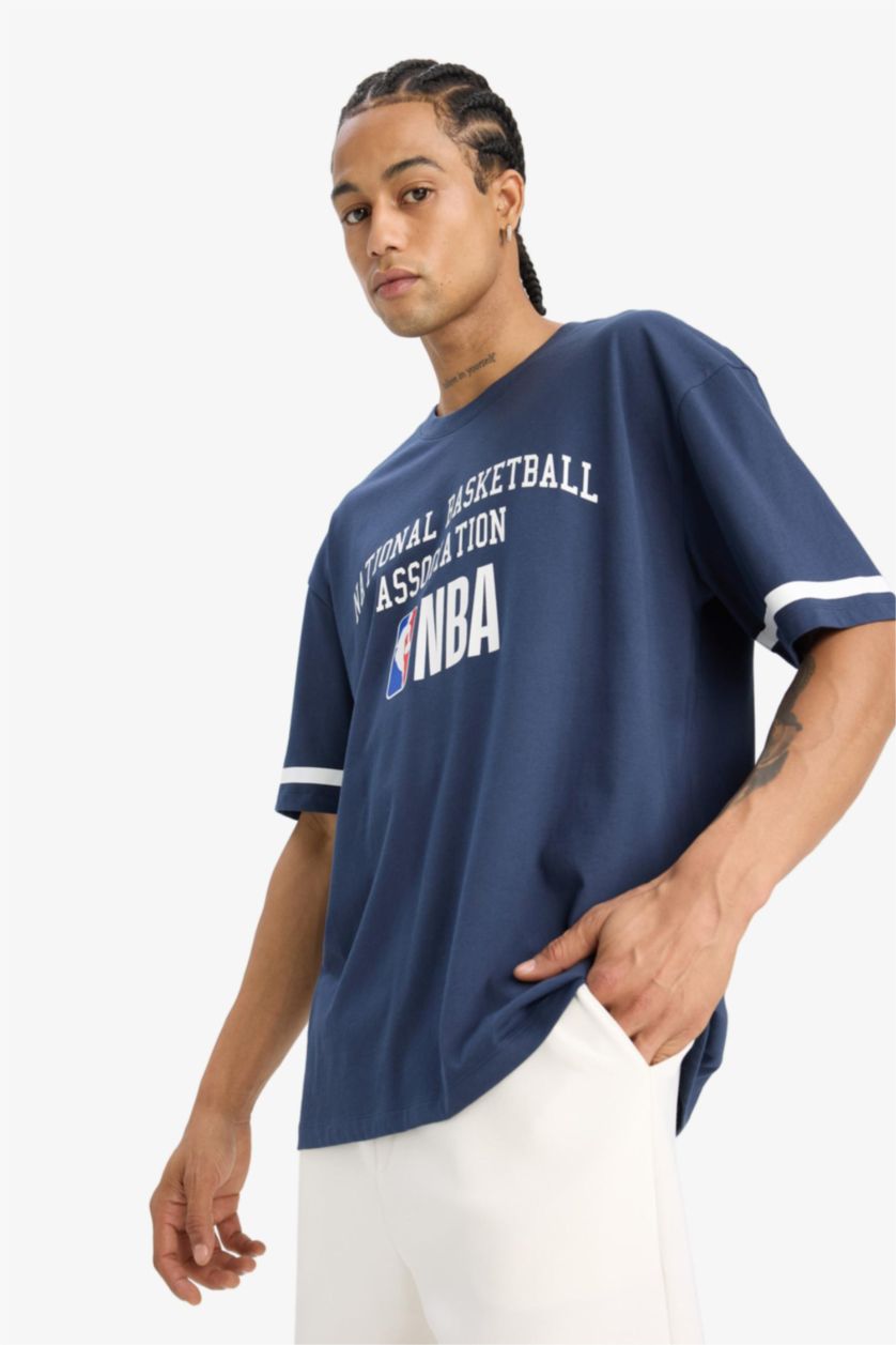 Erkek Lacivert %100 Pamuk NBA Wordmark Oversize Geniş Kalıp Bisiklet Yaka Kısa Kollu Tişört