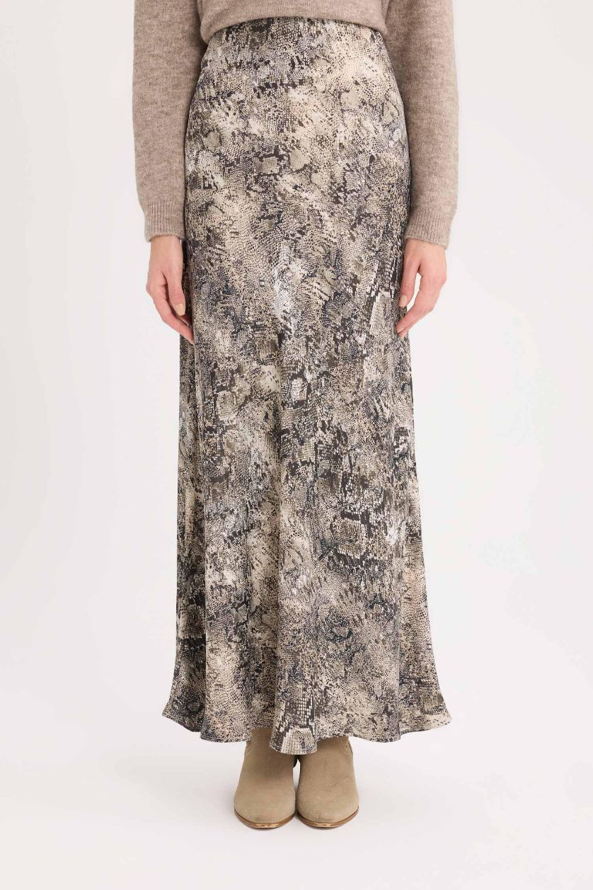 WOMAN Brown A Cut Snakeskin Patterned High Waist Satin Midi Skirt