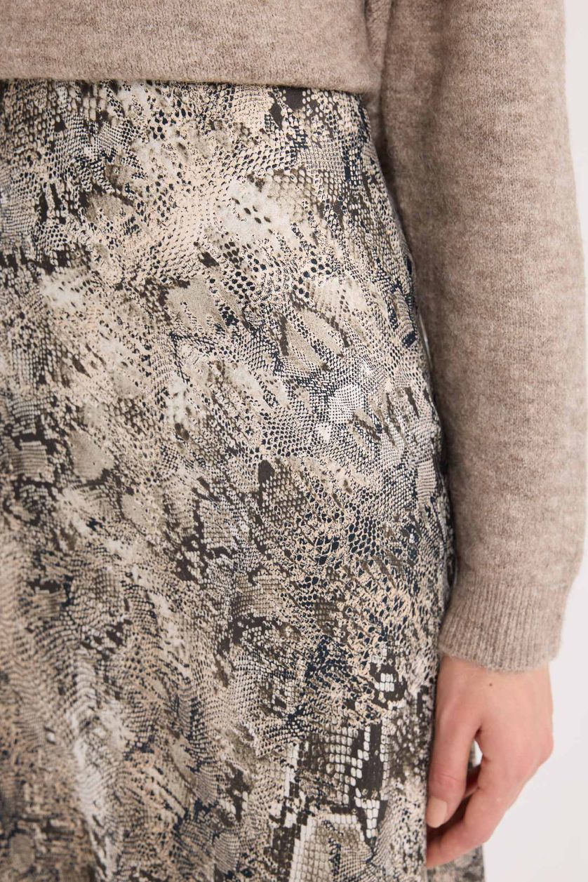 WOMAN Brown A Cut Snakeskin Patterned High Waist Satin Midi Skirt