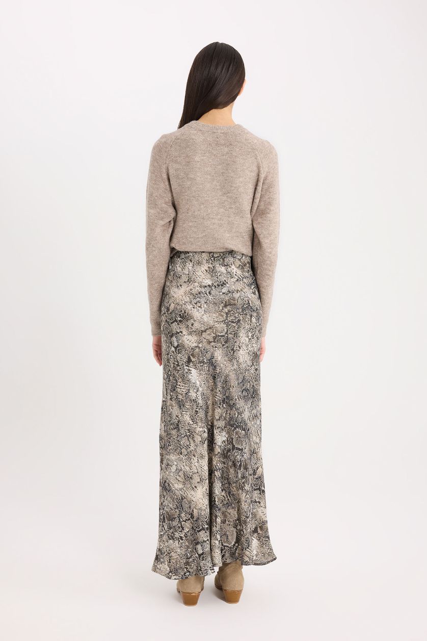 WOMAN Brown A Cut Snakeskin Patterned High Waist Satin Midi Skirt