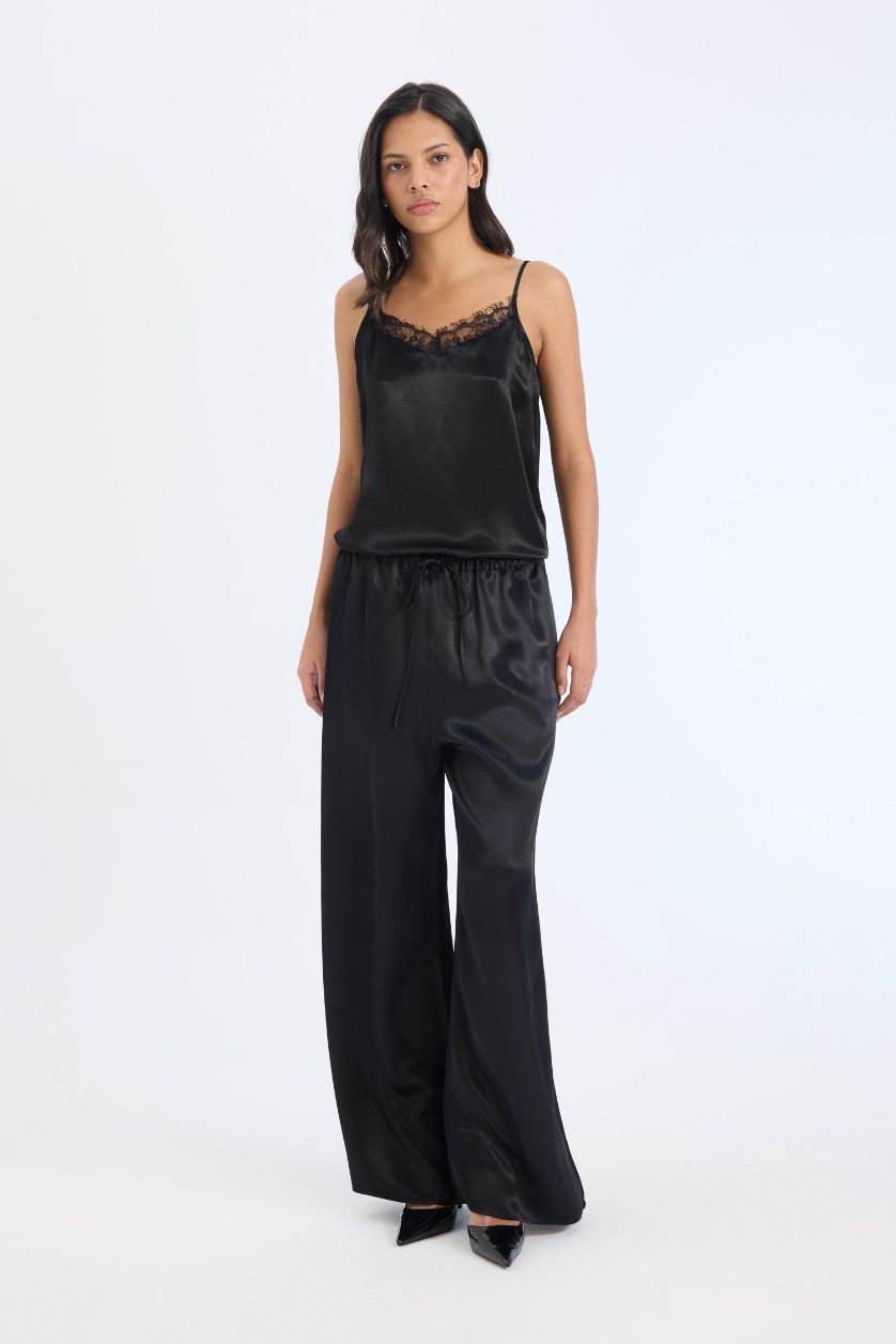 Woman Black Wide Leg High Waist Straight Leg Satin Trousers