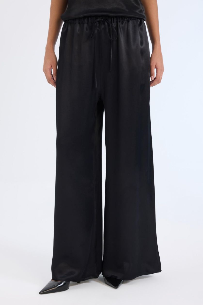 Woman Black Wide Leg High Waist Straight Leg Satin Trousers