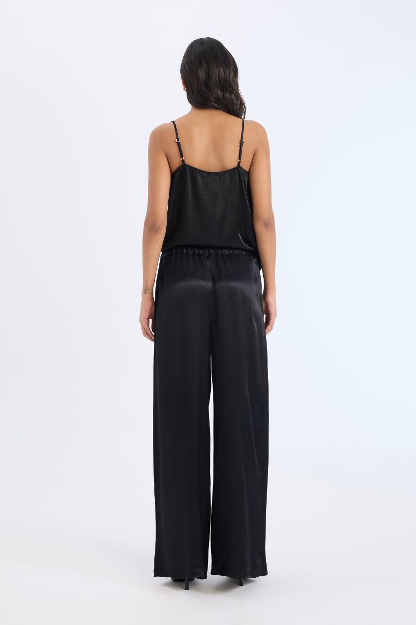 Woman Black Wide Leg High Waist Straight Leg Satin Trousers