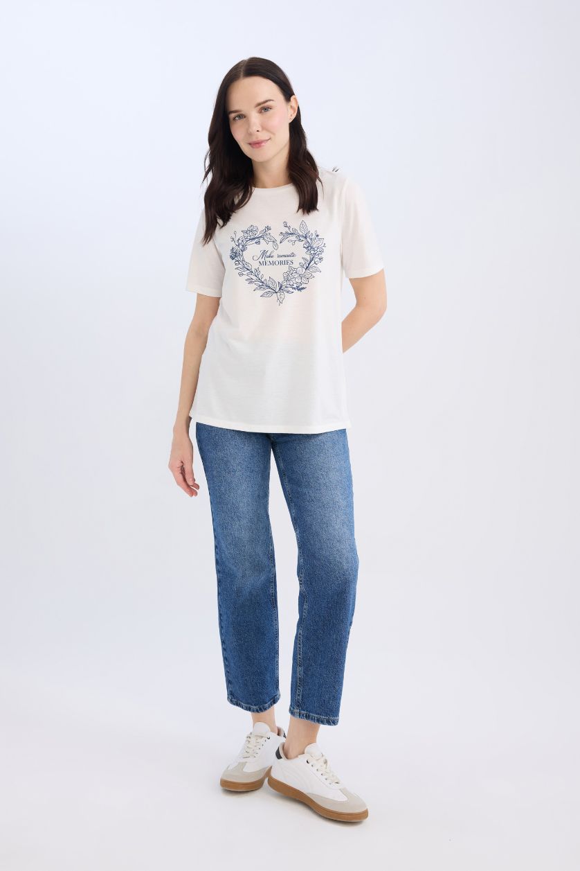 Kadın Ekru Regular Fit Bisiklet Yaka Baskılı Kısa Kollu Tişört