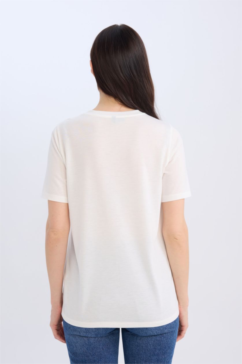 Kadın Ekru Regular Fit Bisiklet Yaka Baskılı Kısa Kollu Tişört