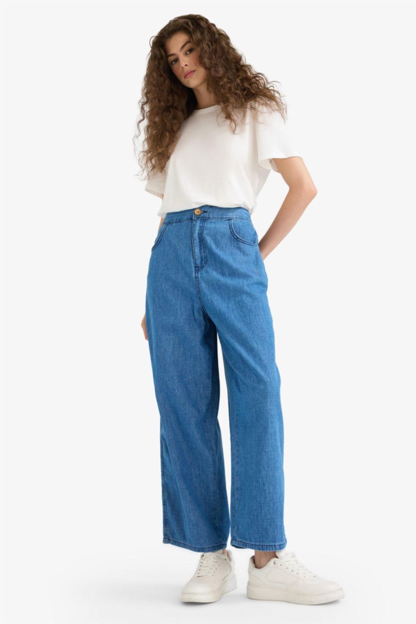 Kadın Koyu Mavi Culotte Beli Lastikli Kısa Paça Bilek Boy Jean Pantolon