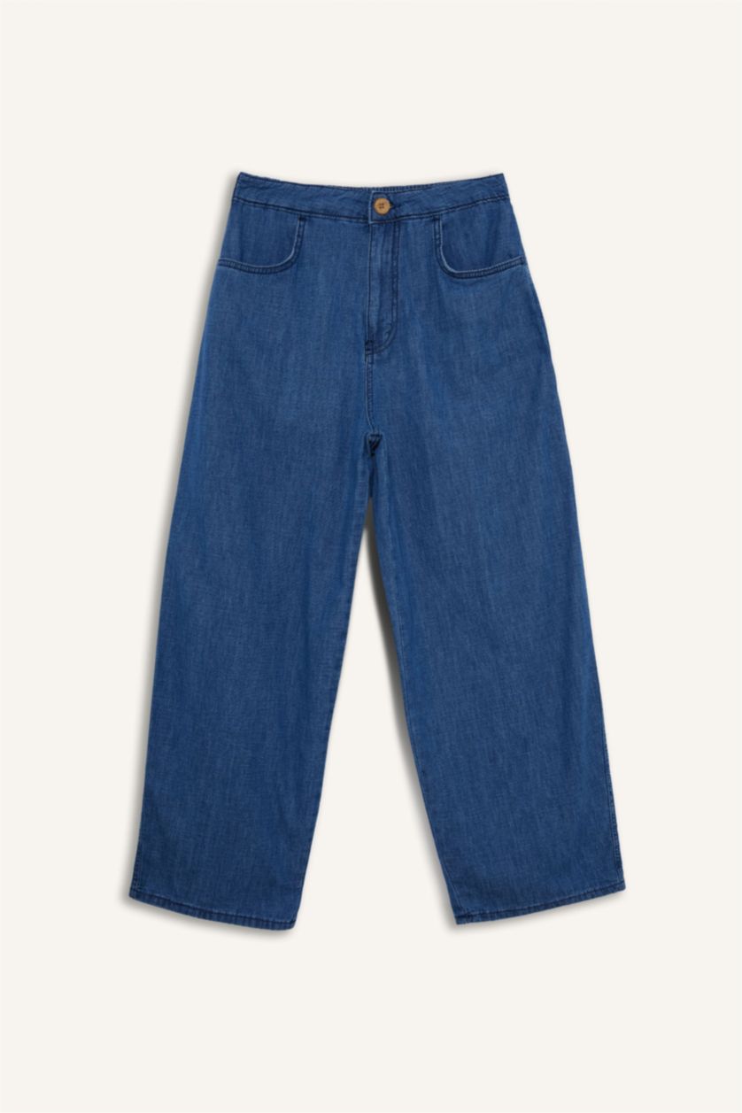 Kadın Koyu Mavi Culotte Beli Lastikli Kısa Paça Bilek Boy Jean Pantolon