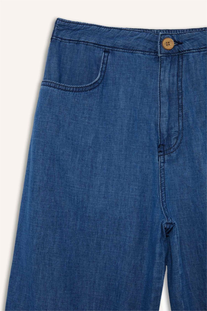 Kadın Koyu Mavi Culotte Beli Lastikli Kısa Paça Bilek Boy Jean Pantolon