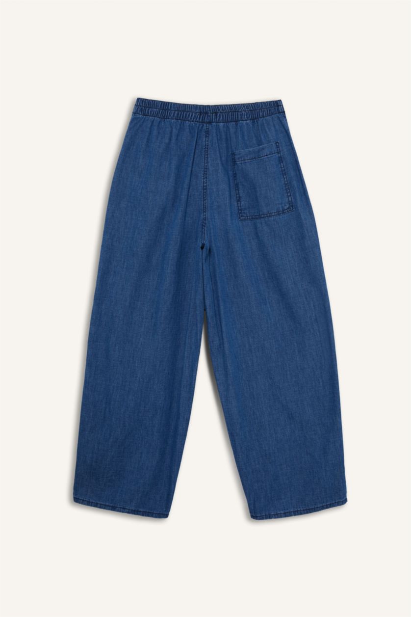 Kadın Koyu Mavi Culotte Beli Lastikli Kısa Paça Bilek Boy Jean Pantolon