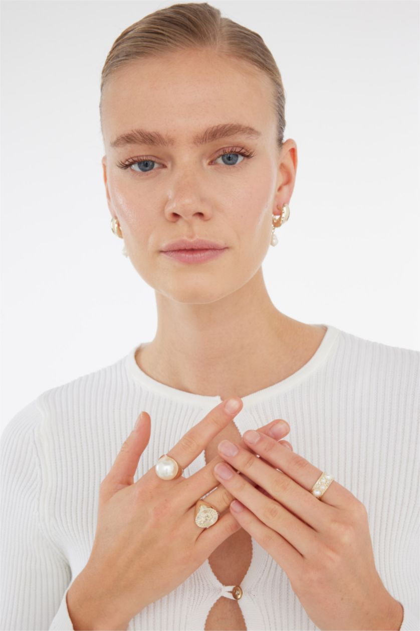 Kadın Altın Kadın İnci Görünümlü 3'lü Yüzük