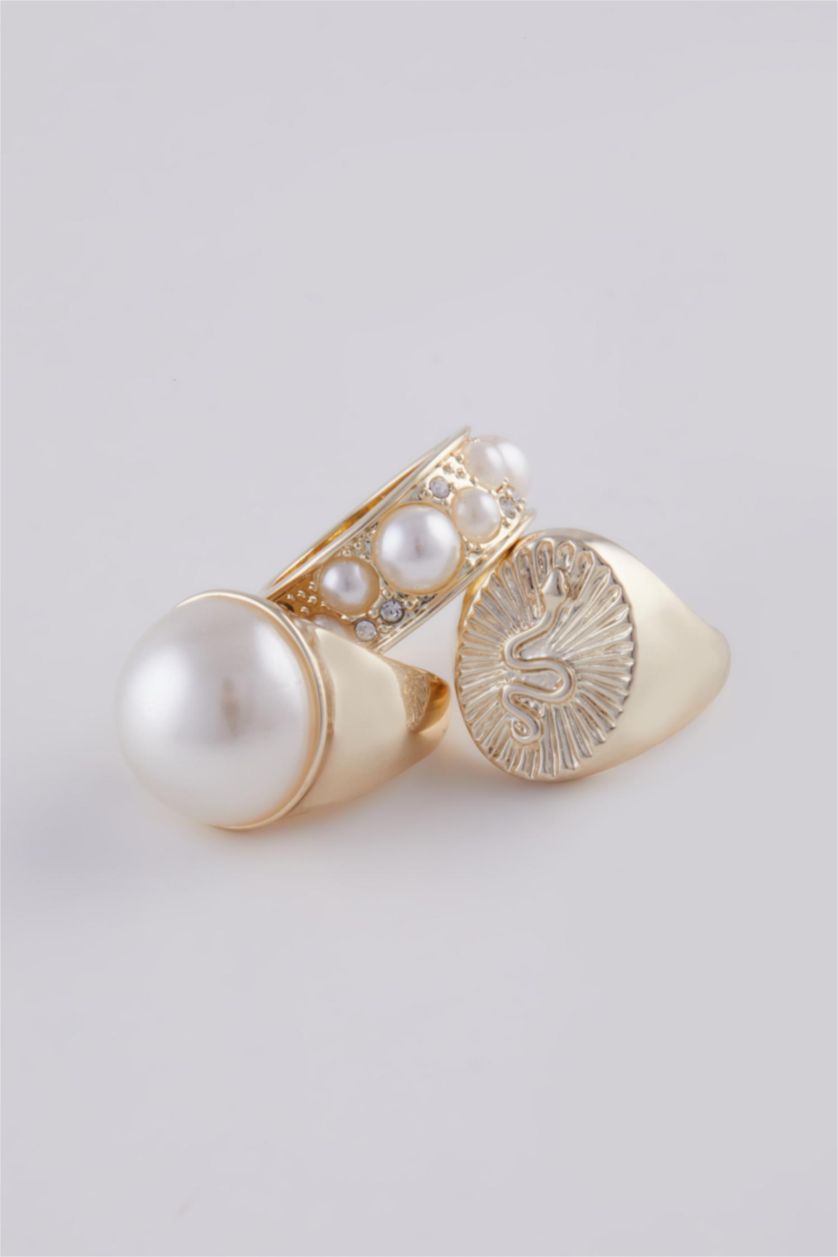 Kadın Altın Kadın İnci Görünümlü 3'lü Yüzük