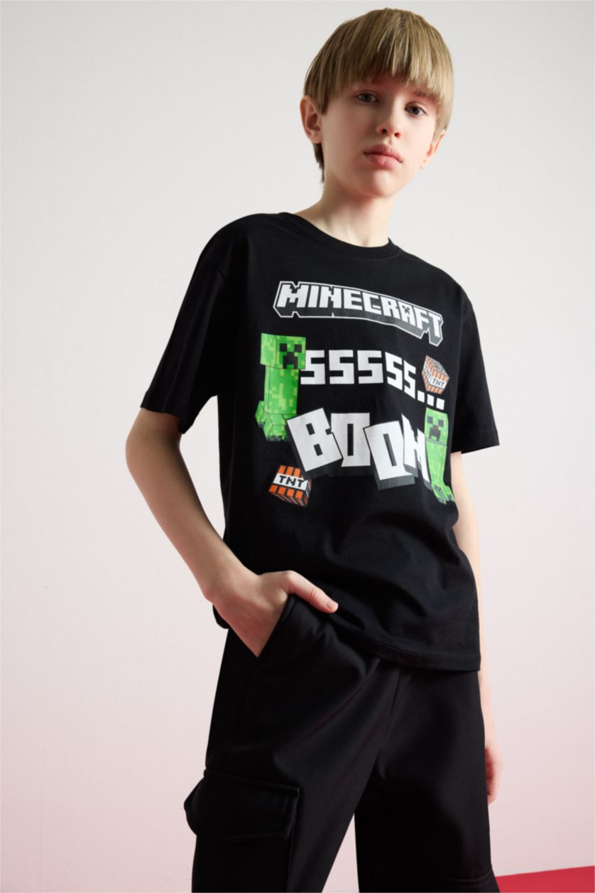 Erkek Çocuk - Genç Erkek Siyah Minecraft Bisiklet Yaka Kısa Kollu Tişört Erkek Çocuk