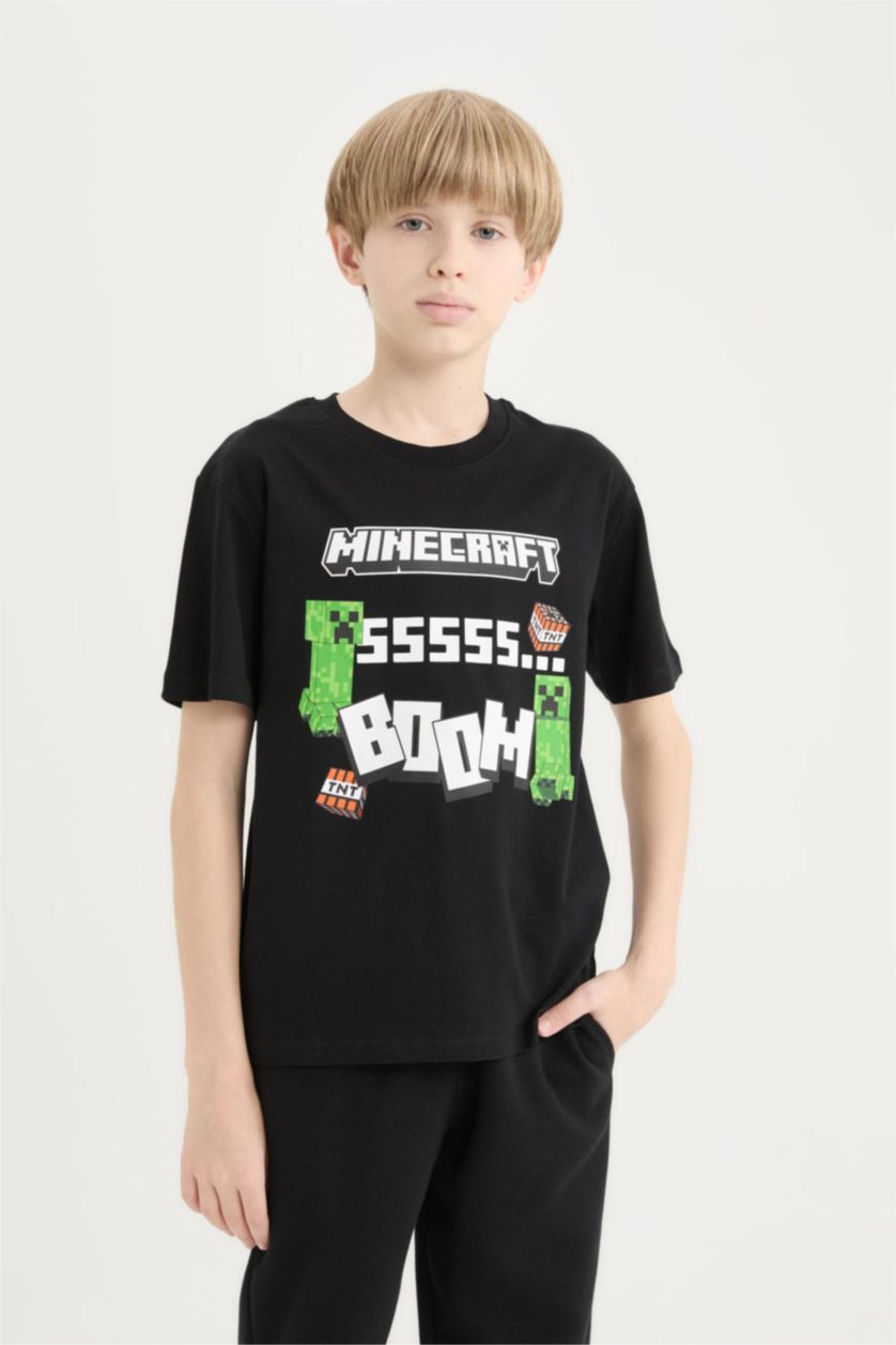 Erkek Çocuk - Genç Erkek Siyah Minecraft Bisiklet Yaka Kısa Kollu Tişört Erkek Çocuk