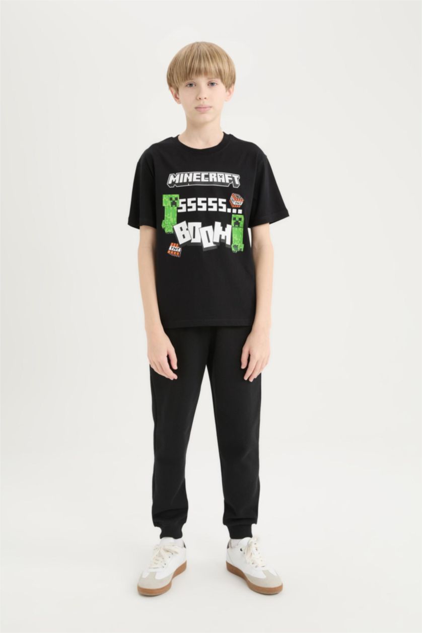 Erkek Çocuk - Genç Erkek Siyah Minecraft Bisiklet Yaka Kısa Kollu Tişört Erkek Çocuk