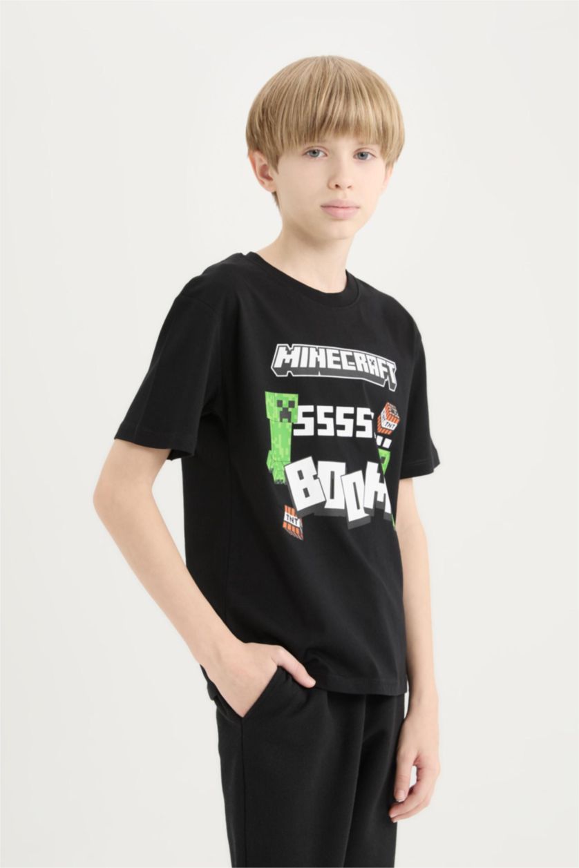 Erkek Çocuk - Genç Erkek Siyah Minecraft Bisiklet Yaka Kısa Kollu Tişört Erkek Çocuk