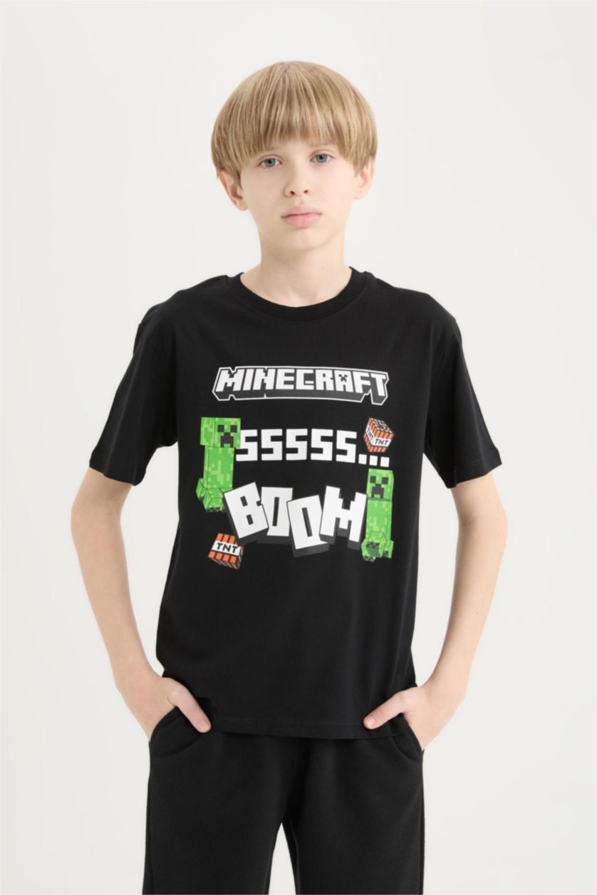 Erkek Çocuk - Genç Erkek Siyah Minecraft Bisiklet Yaka Kısa Kollu Tişört Erkek Çocuk